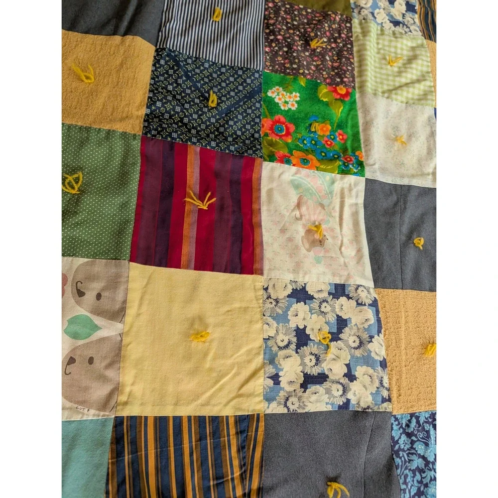 Vintage Handmade Tied Patchwork Quilt Multi Color Floral Stripe Cotton 60x74